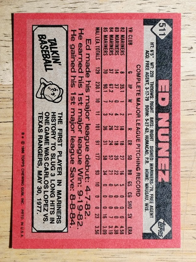 1986 Topps #511 Ed Nunez