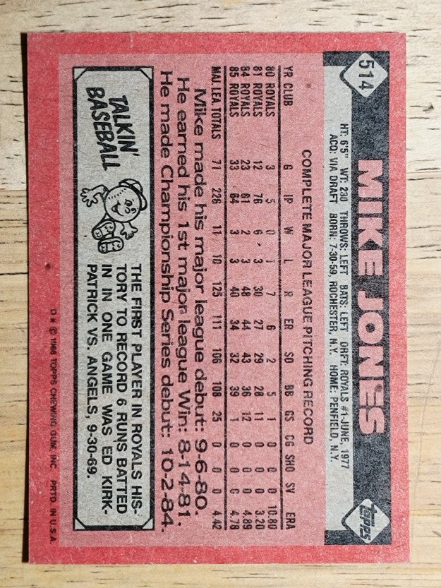 1986 Topps #514 Mike Jones