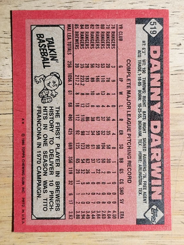 1986 Topps #519 Danny Darwin