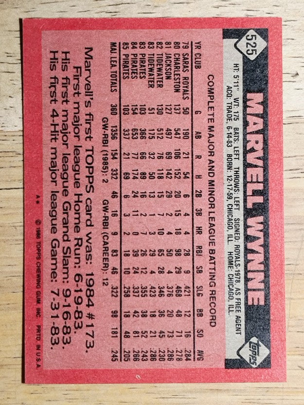 1986 Topps #525 Marvell Wynne