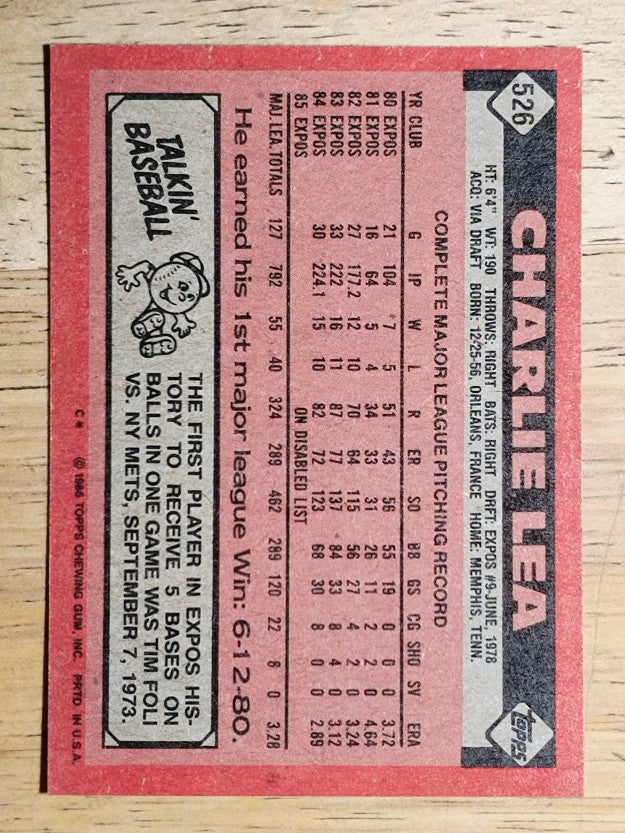 1986 Topps #526 Charlie Lea
