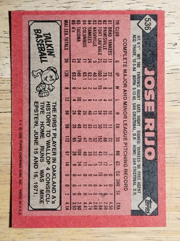 1986 Topps #536 Jose Rijo