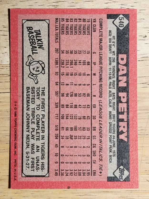 1986 Topps #540 Dan Petry