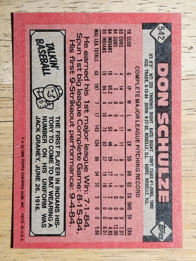 1986 Topps #542 Don Schulze