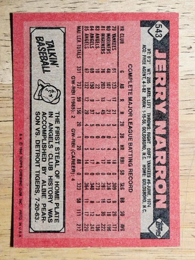 1986 Topps #543 Jerry Narron