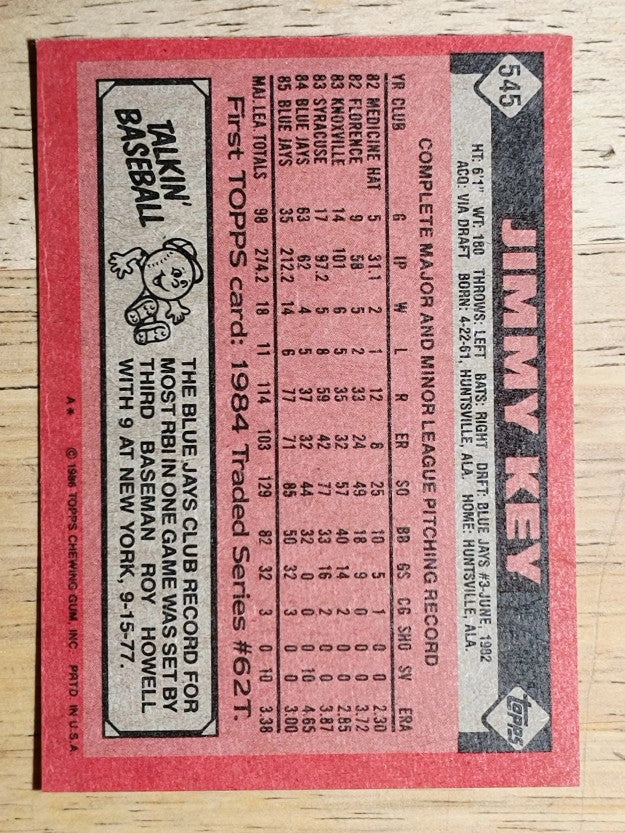1986 Topps #545 Jimmy Key