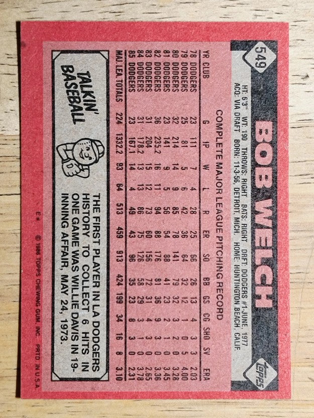 1986 Topps #549 Bob Welch