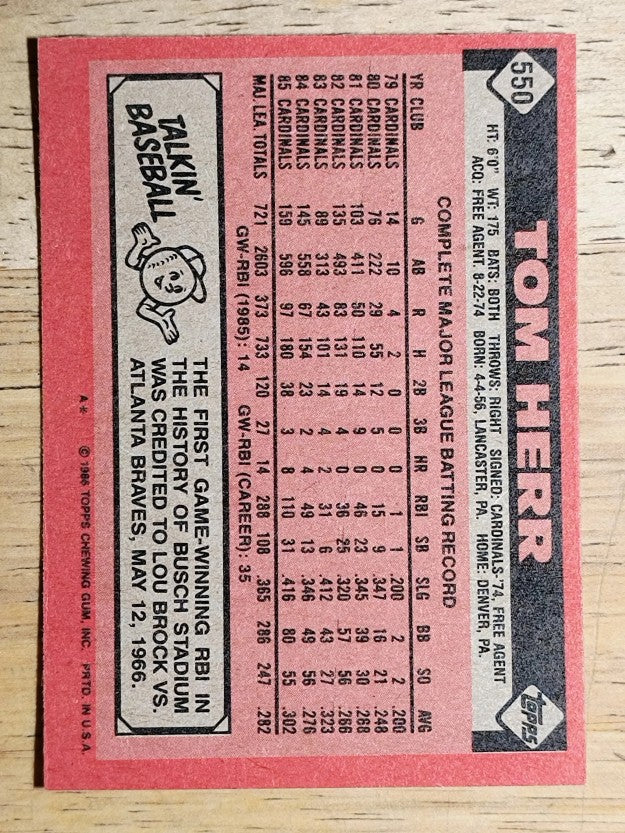 1986 Topps #550 Tom Herr