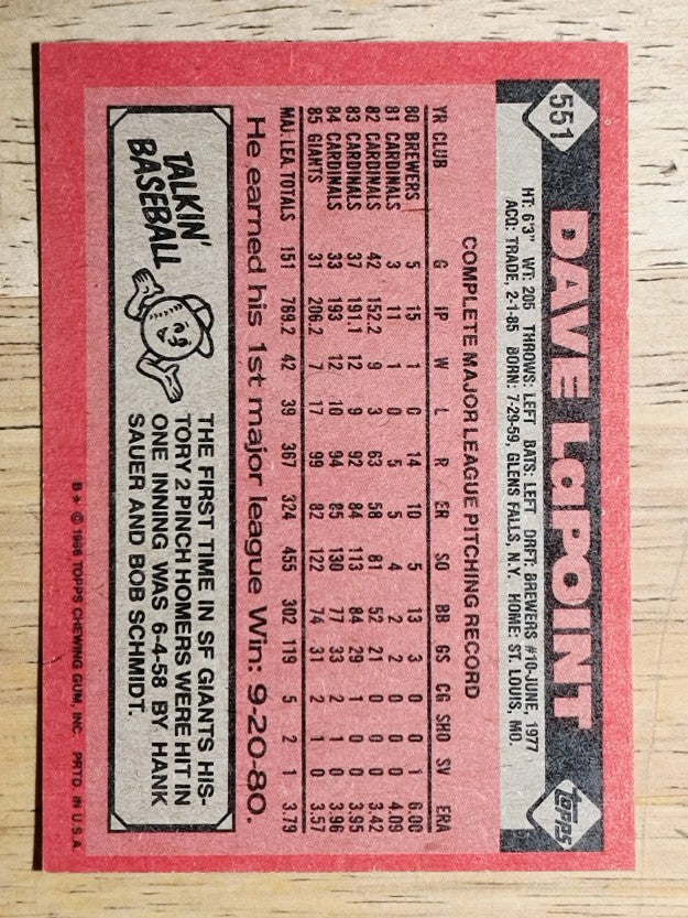 1986 Topps #551 Dave LaPoint