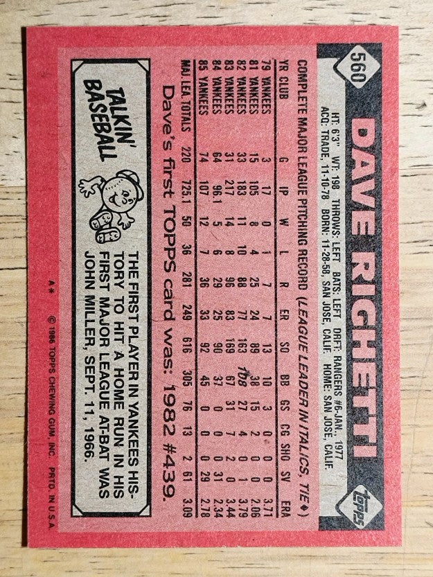 1986 Topps #560 Dave Righetti
