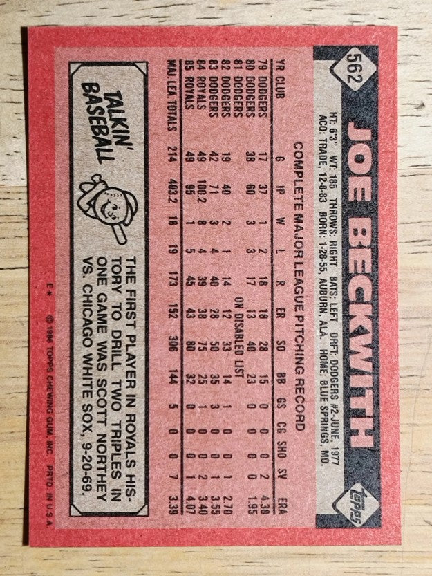 1986 Topps #562 Joe Beckwith