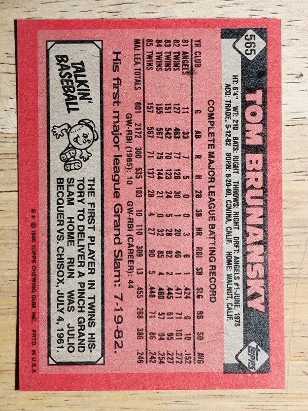 1986 Topps #565 Tom Brunansky