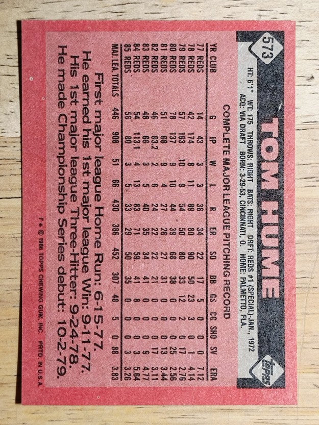 1986 Topps #573 Tom Hume