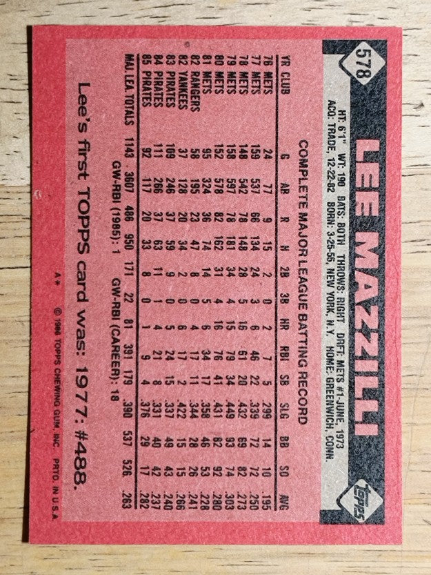 1986 Topps #578 Lee Mazzilli
