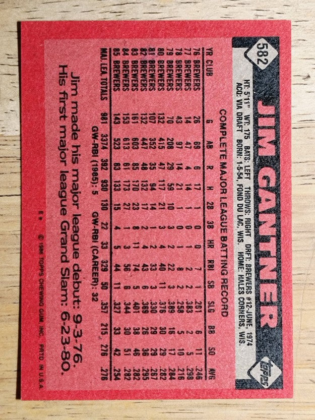 1986 Topps #582 Jim Gantner