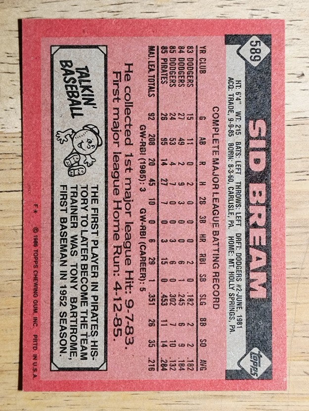 1986 Topps #589 Sid Bream