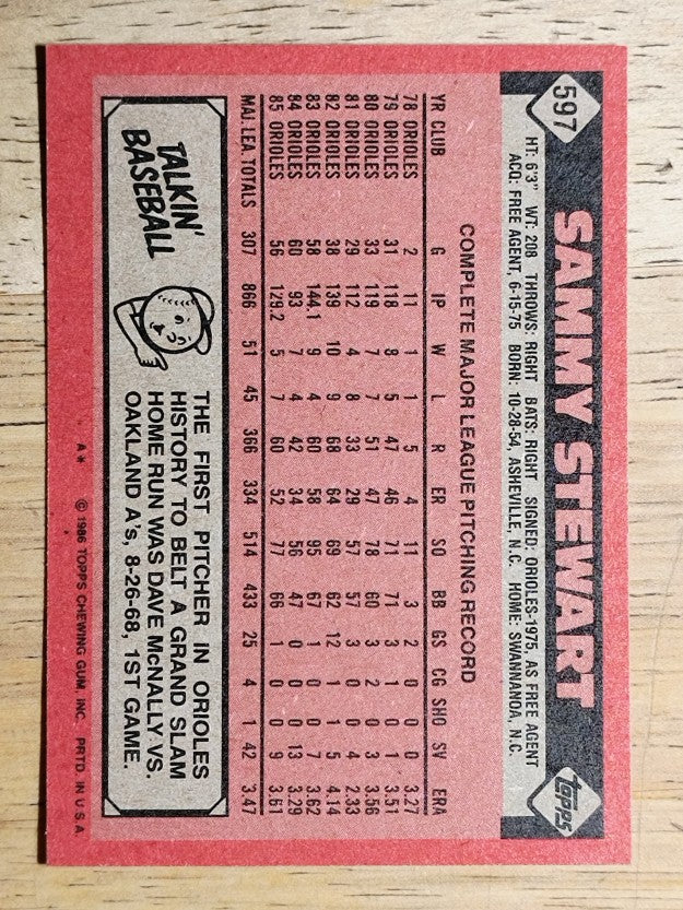 1986 Topps #597 Sammy Stewart