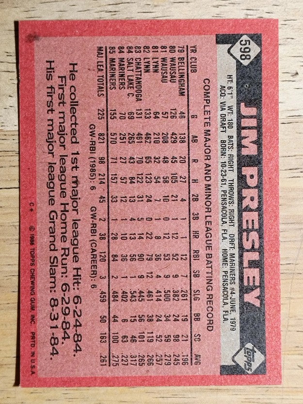 1986 Topps #598 Jim Presley