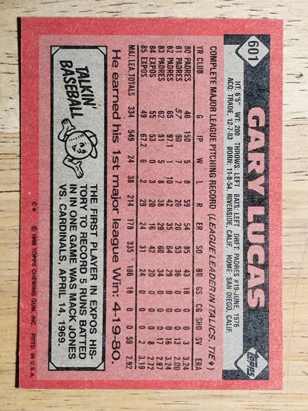1986 Topps #601 Gary Lucas
