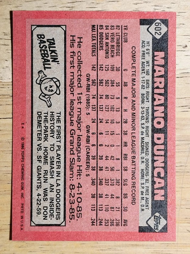 1986 Topps #602 Mariano Duncan RC