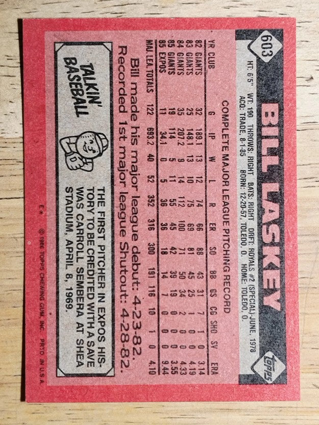 1986 Topps #603 Bill Laskey
