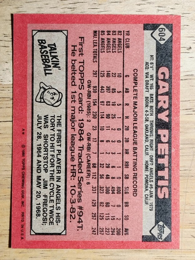 1986 Topps #604 Gary Pettis