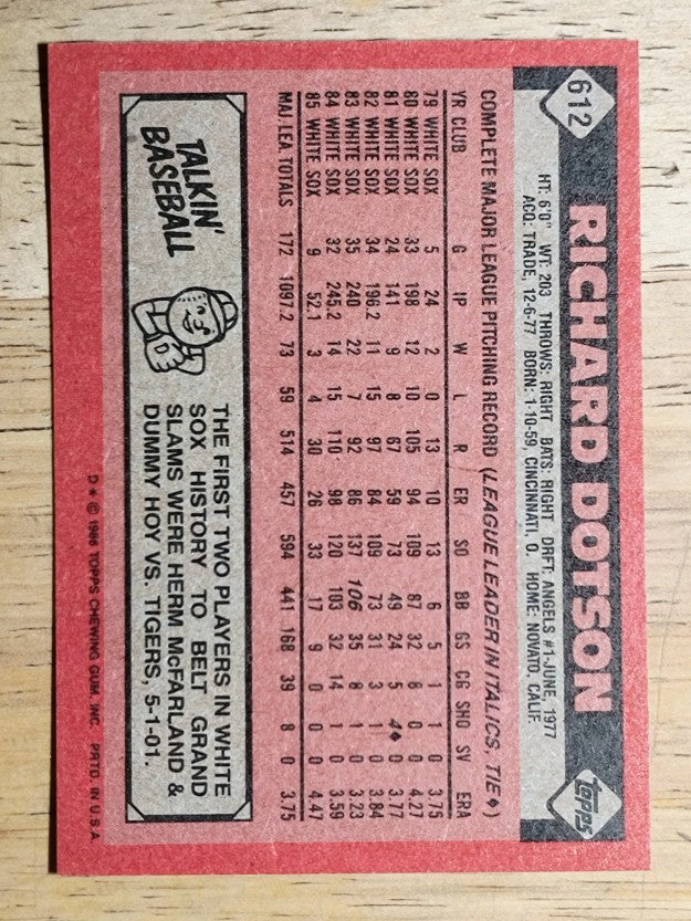 1986 Topps #612 Richard Dotson