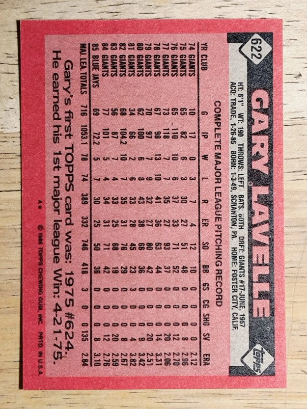 1986 Topps #622 Gary Lavelle