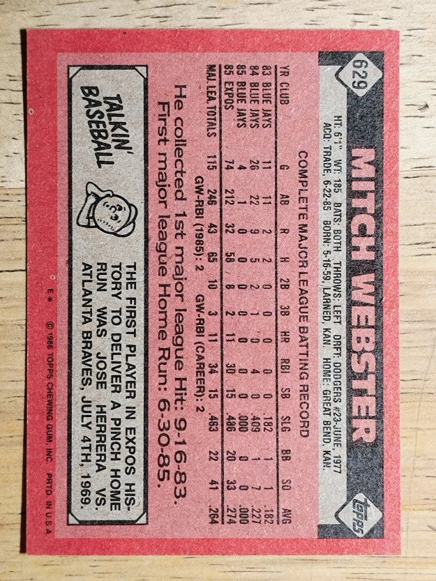 1986 Topps #629 Mitch Webster