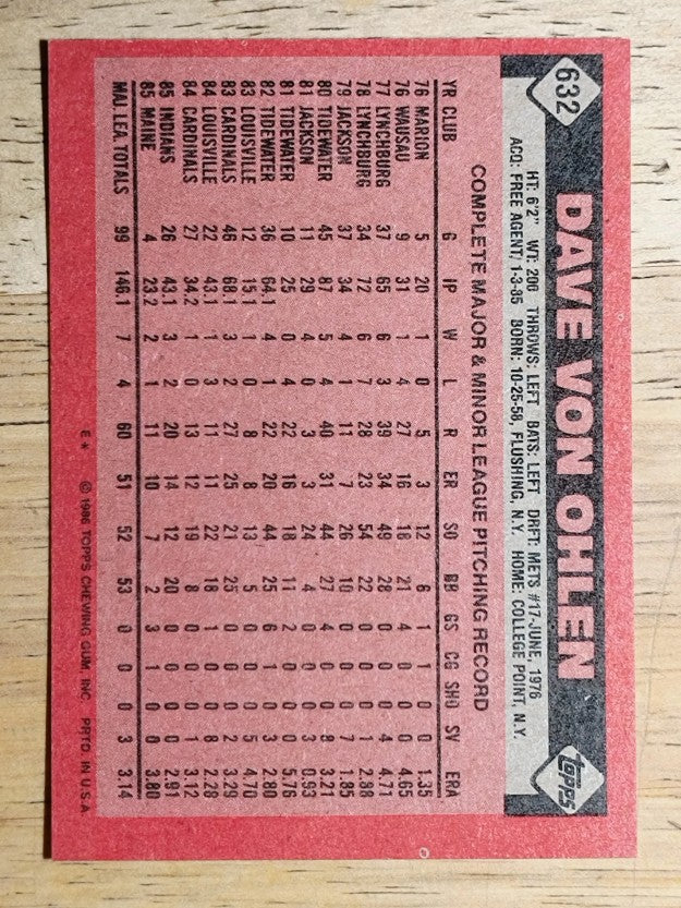 1986 Topps #632 Dave Von Ohlen