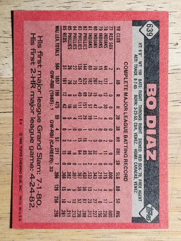 1986 Topps #639 Bo Diaz