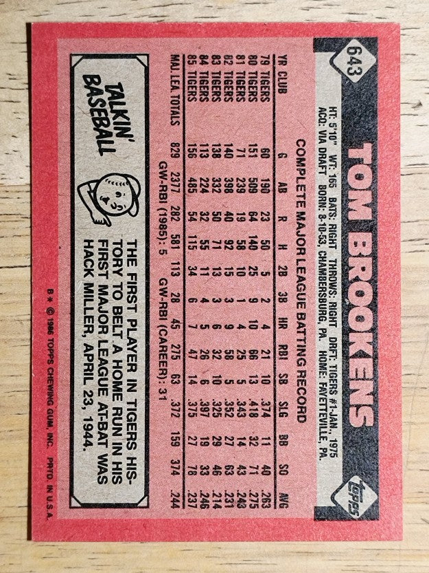 1986 Topps #643 Tom Brookens
