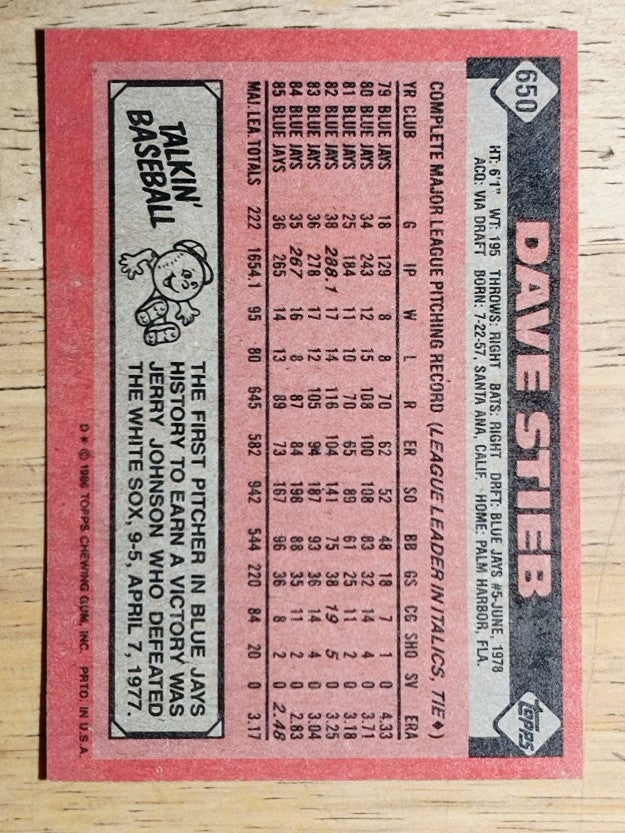1986 Topps #650 Dave Stieb