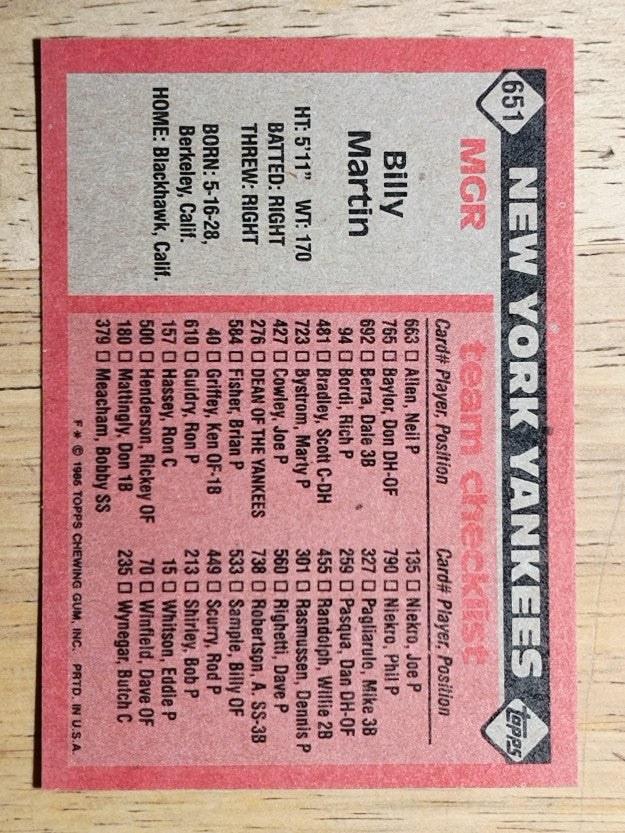 1986 Topps #651 Billy Martin MG/TC