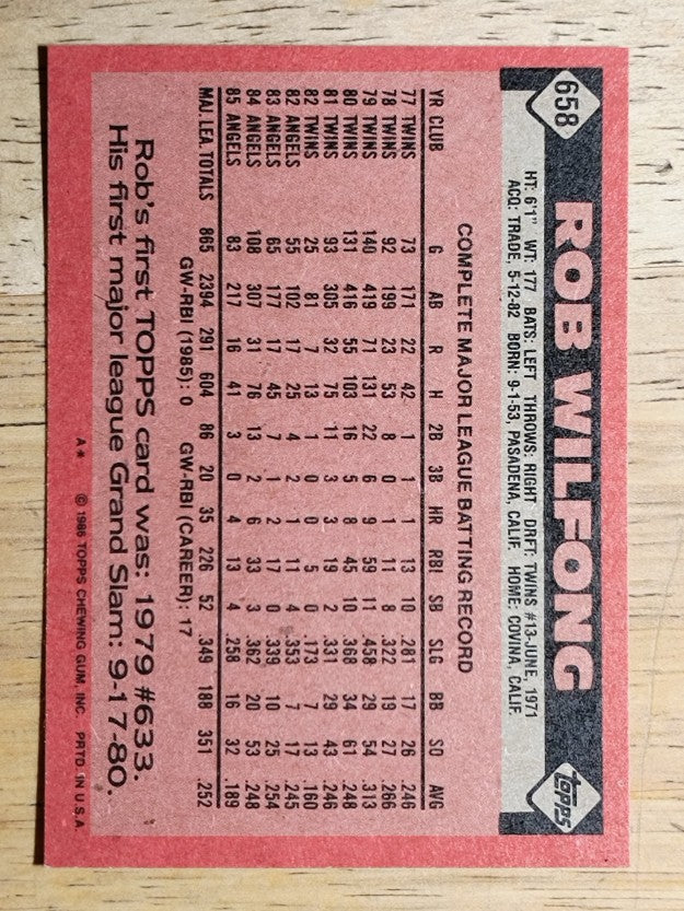 1986 Topps #658 Rob Wilfong
