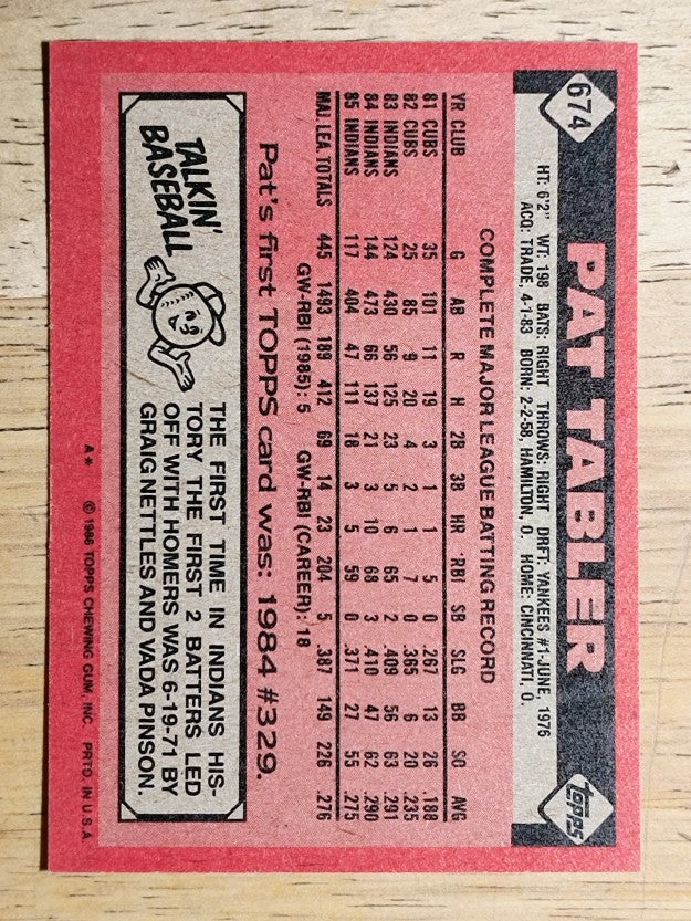 1986 Topps #674 Pat Tabler