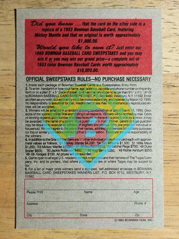 1989 Bowman Reprint Inserts #6 Mickey Mantle 53