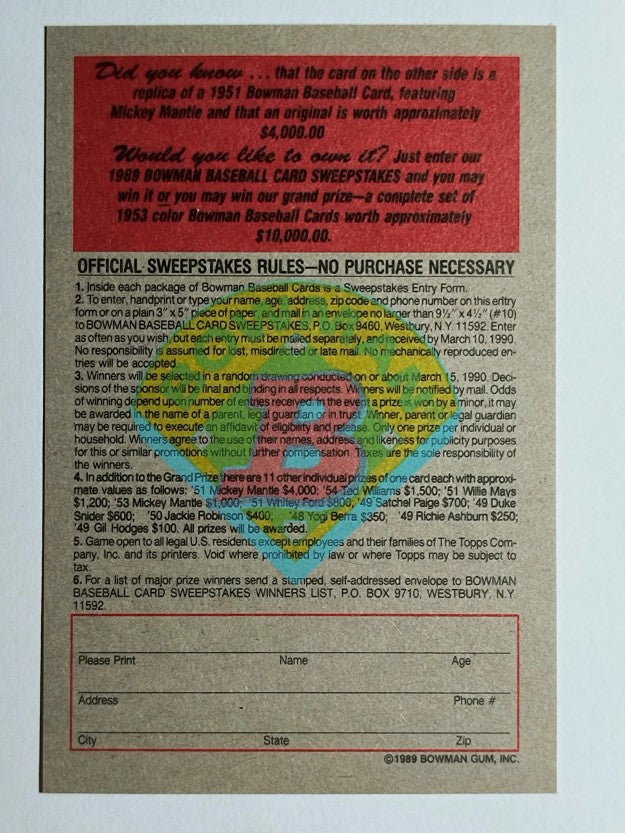 1989 Bowman Reprint Inserts #5 Mickey Mantle 51