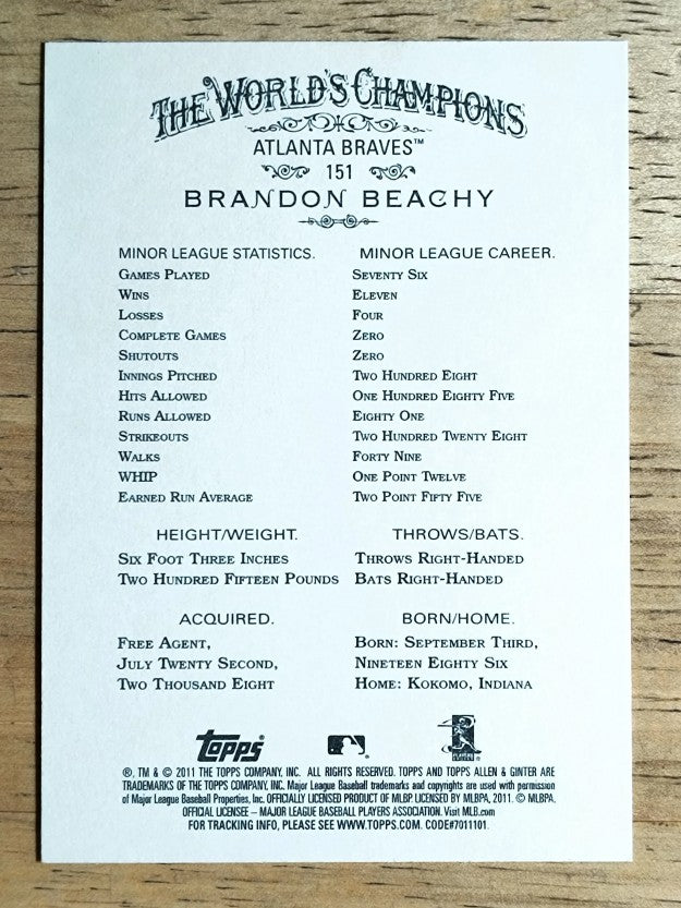 2011 Topps Allen and Ginter #151 Brandon Beachy RC