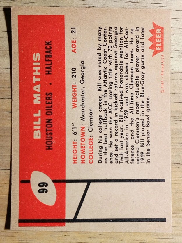 1960 Fleer #99 Bill Mathis RC (EXMT)