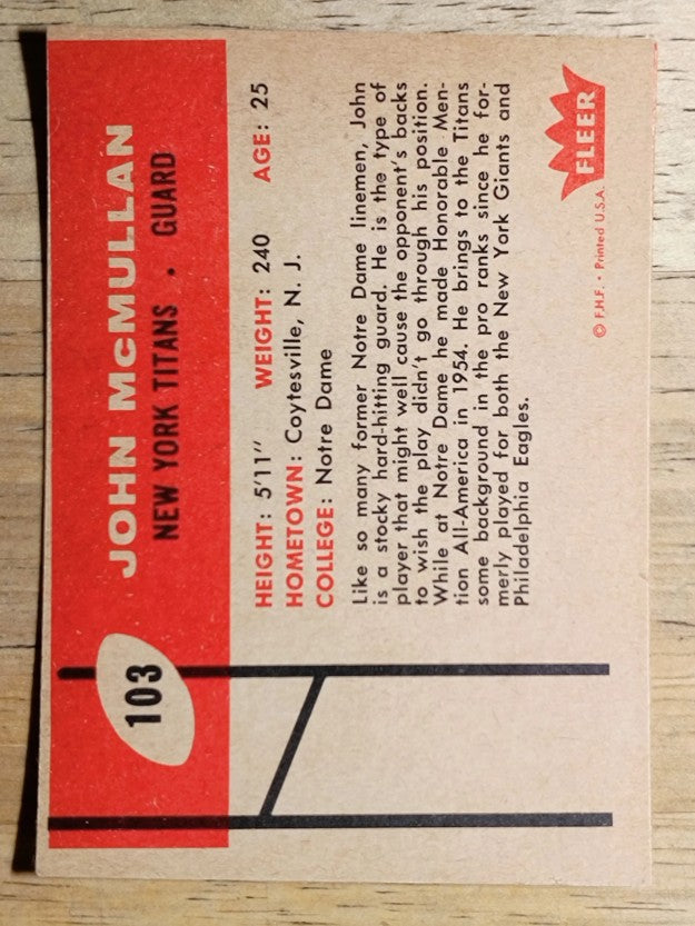 1960 Fleer #103 John McMullan RC (VGEX)