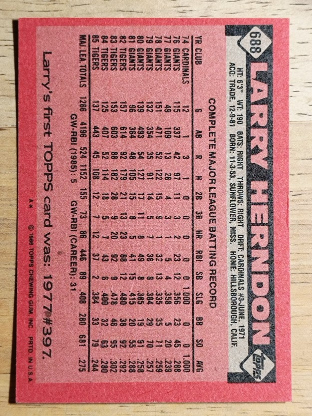 1986 Topps #688 Larry Herndon