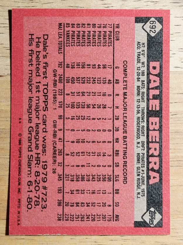 1986 Topps #692 Dale Berra