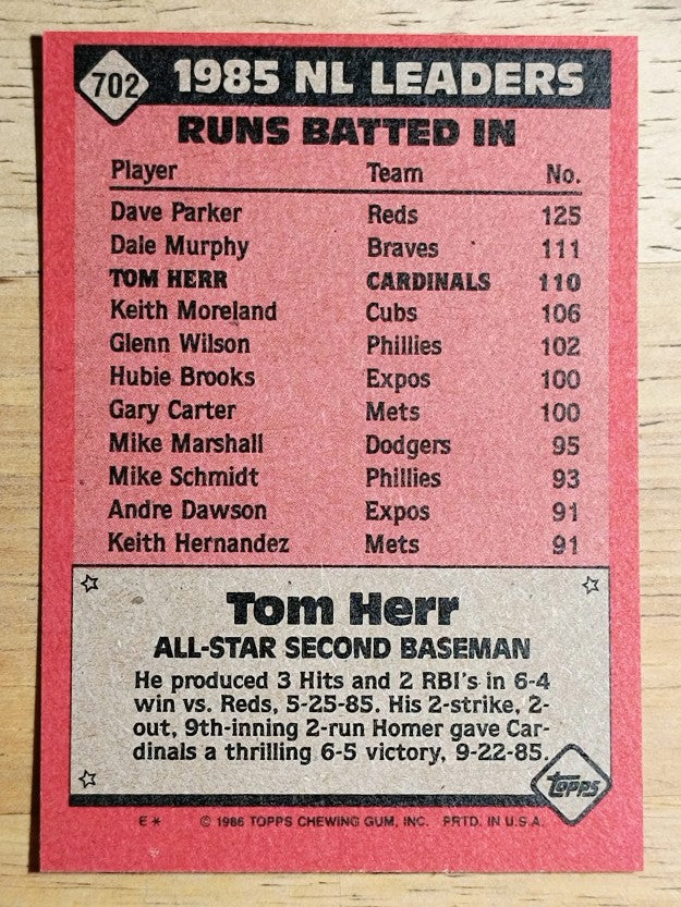 1986 Topps #702 Tom Herr AS