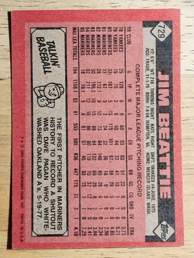 1986 Topps #729 Jim Beattie