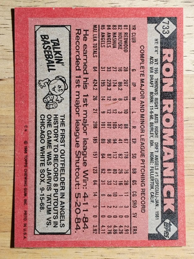 1986 Topps #733 Ron Romanick