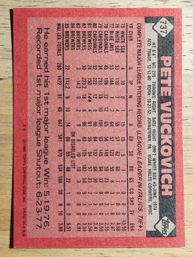 1986 Topps #737 Pete Vuckovich