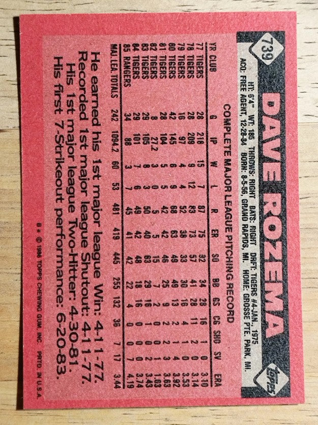 1986 Topps #739 Dave Rozema