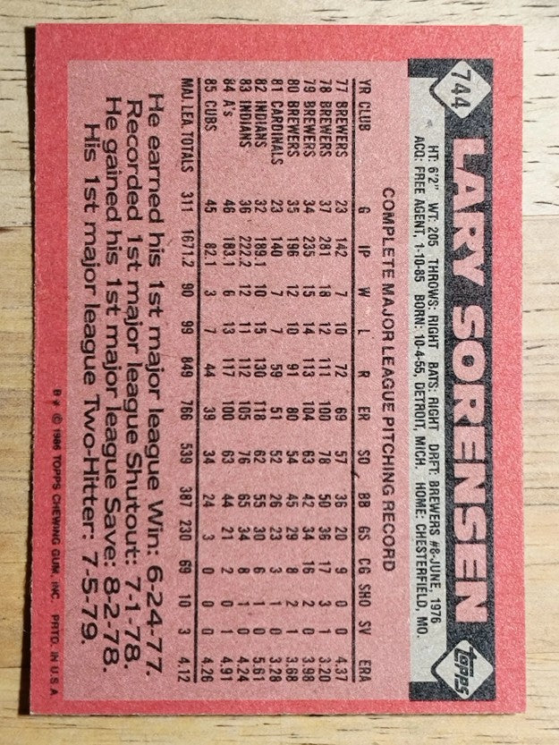 1986 Topps #744 Lary Sorensen