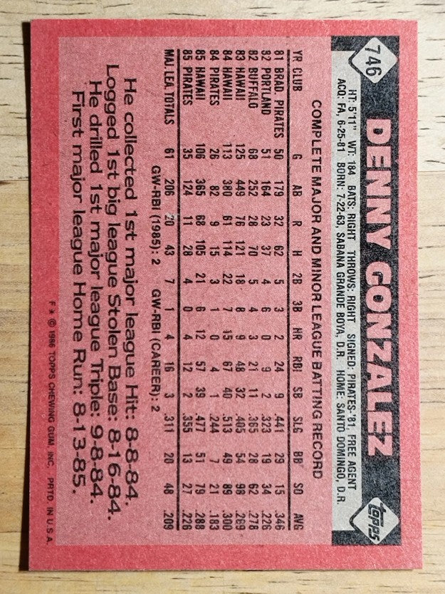 1986 Topps #746 Denny Gonzalez
